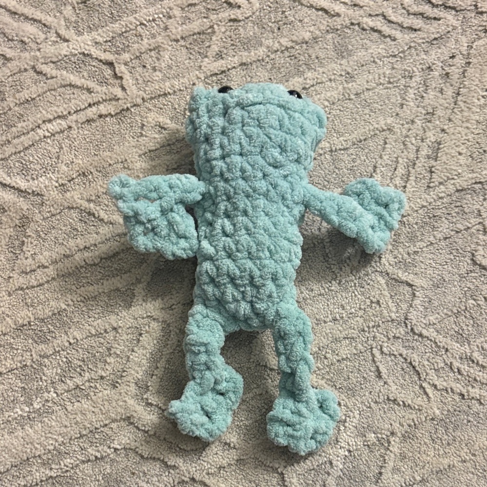 Crochet teal leggy frog